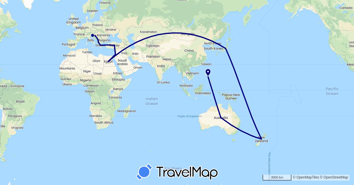 TravelMap itinerary: driving in Albania, Australia, Egypt, Greece, Croatia, Jordan, Japan, Montenegro, New Zealand, Philippines, Slovenia, Turkey (Africa, Asia, Europe, Oceania)